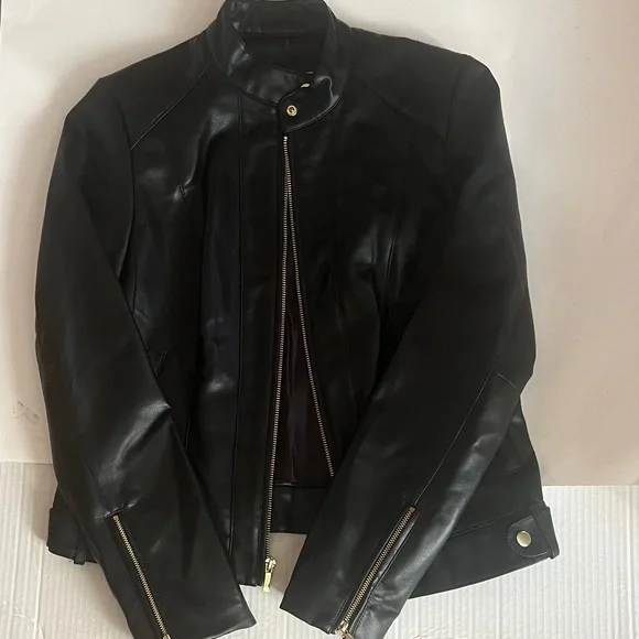 Cole Haan Black Leather Feel Biker Jacket with Gold Accents Zipper - Picture 6 of 13